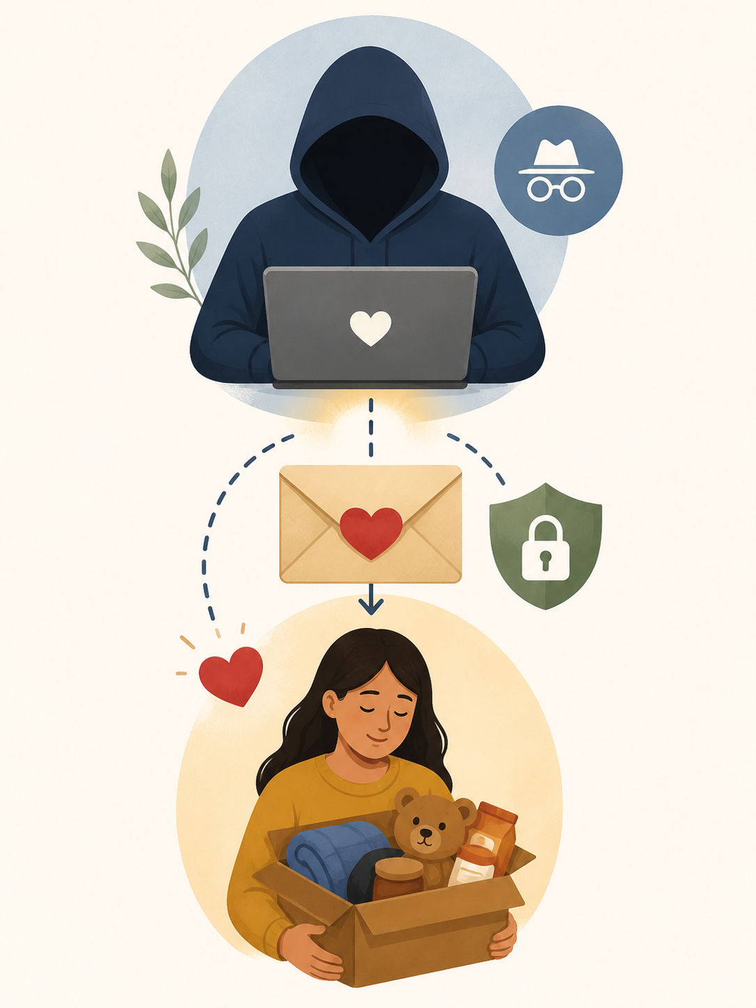 Illustration of an anonymous donor sending private support to a recipient